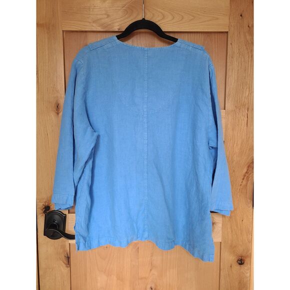 Vintage Mosaic 100% Linen XL Blue Blouse Flounce 3/4 Sleeve Minimalist Lagenlook - Picture 2 of 6